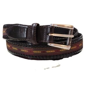 Orvis Leather Belt Mens 44 Brown Woven Fabric Inlay 87H3 Sporting Traditions